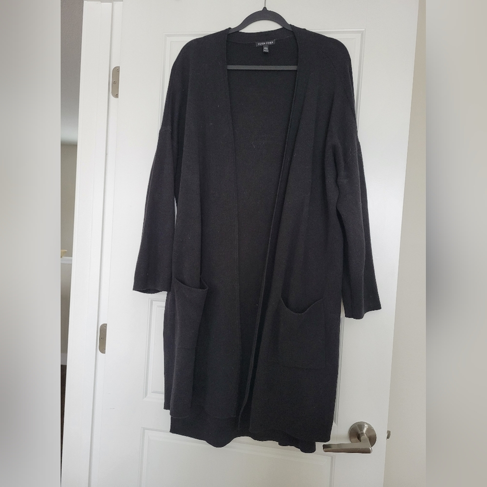 Eileen Fisher Silk Blend Black Cardigan with Pockets